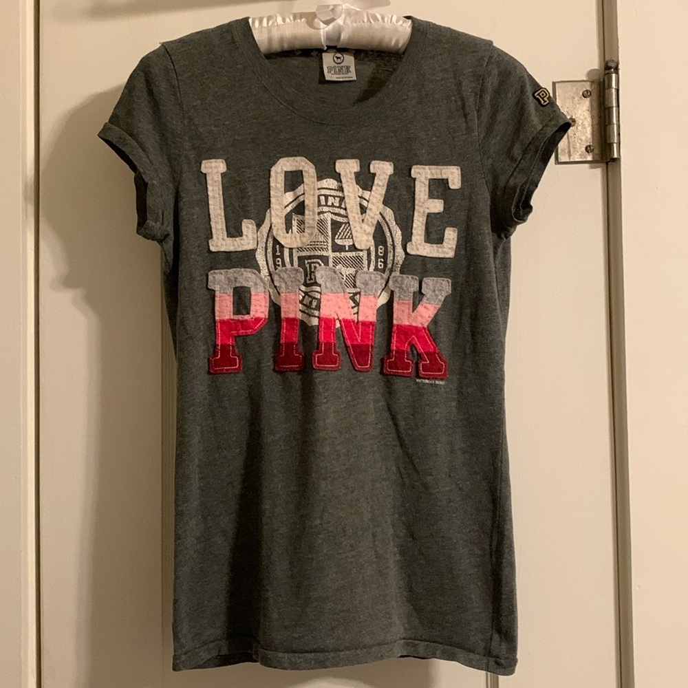 PINK Victoria's Secret Gray Tee with Pink and White Accents